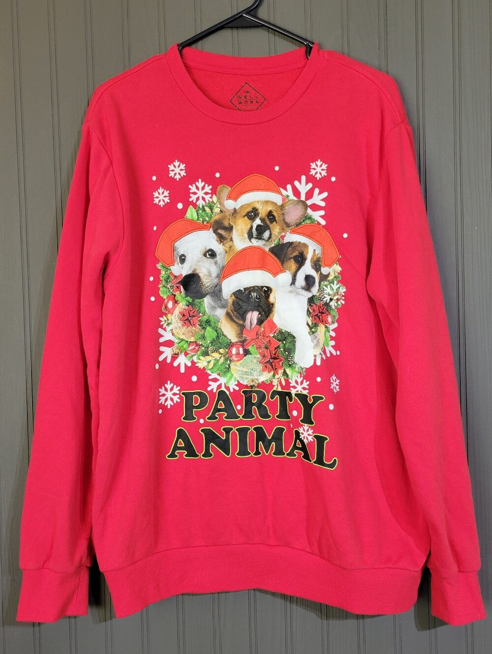 Well Worn Christmas Graphic Sweatshirt Dogs "Party Animal" Red Men's Large